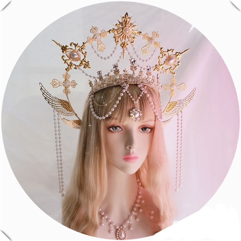 Lolita Bandband Golden Mary Apollo Sun Halo Goddess Crown Party Church Headwear Halloween Costume exagéré casque
