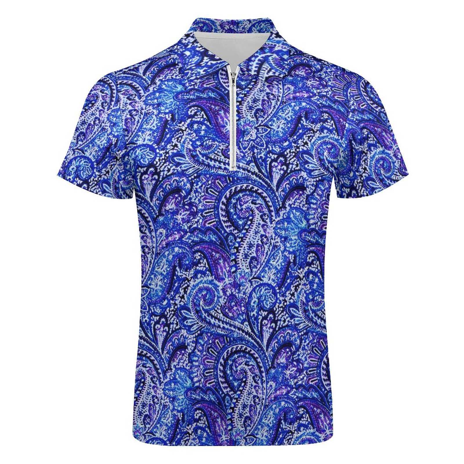Blue Paisley Casual T-Shirts Vintage Print Polo Shirts Collar Y2K Shirt Mens Pattern Clothes Plus Size 5XL 6XL HKD230825