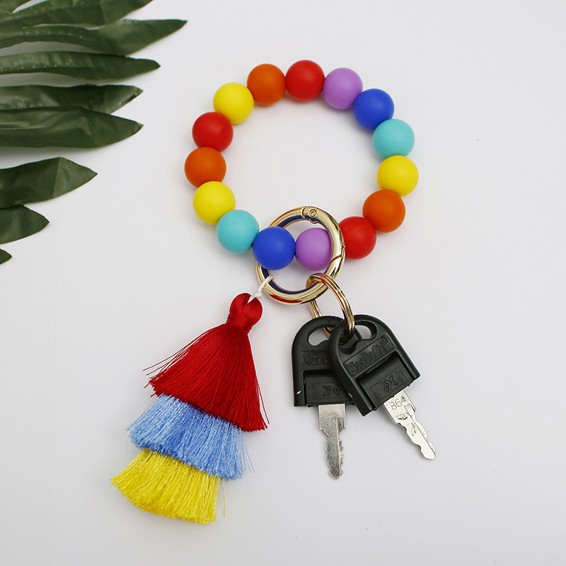 Rainbow Wrist Keychain Silicone Bead Bracelet Keychain Tassel Pendant Girls' Bag Decoration Keyring Gift Key Chains