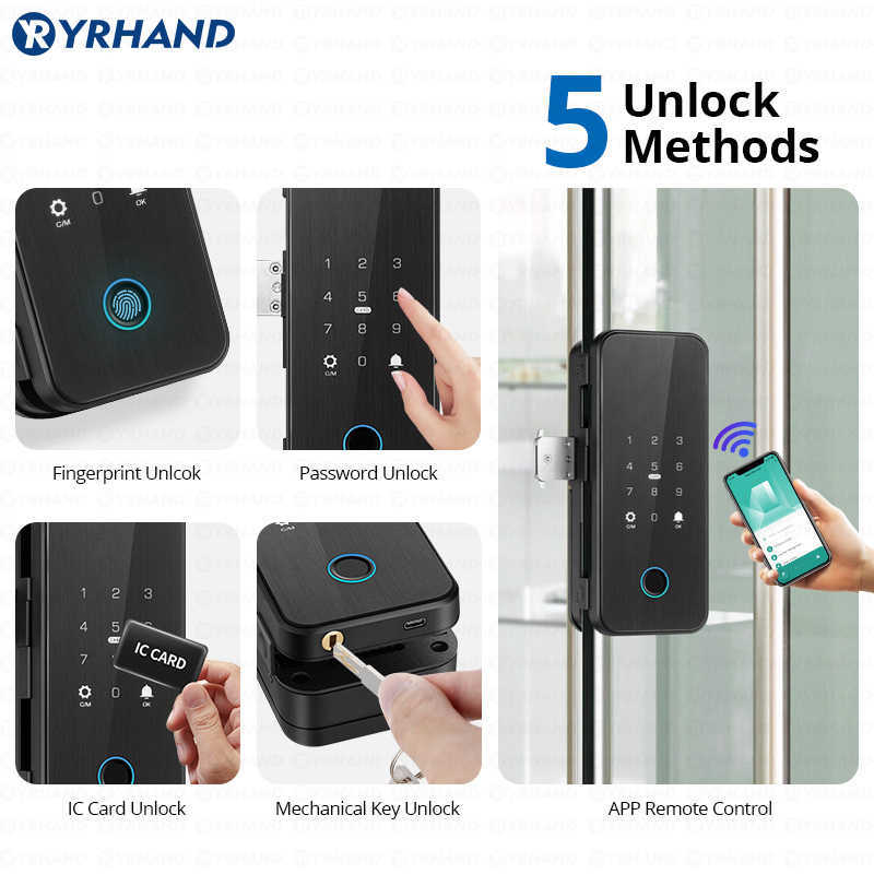 Yrhand borr gratis Bluetooth Biometric FingerPrint RFID Card Code Remote Control Tuya App Electronic Smart Glass Door Lock HKD230824