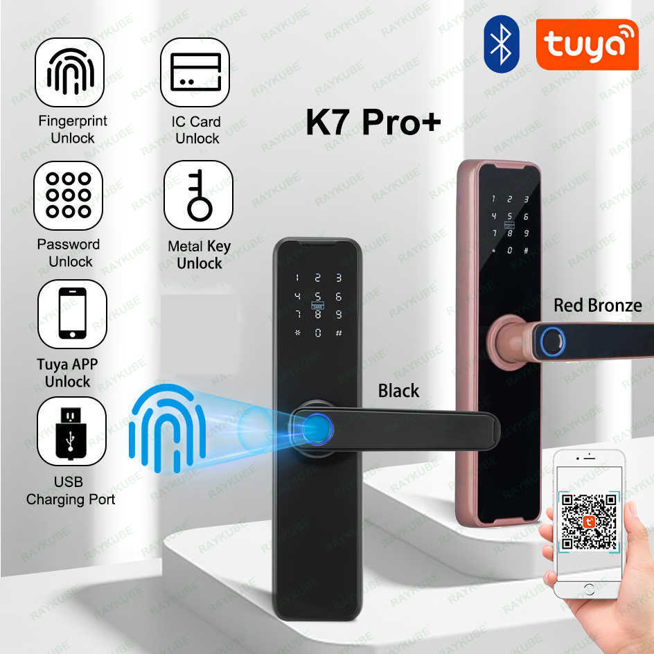 RAYKUBE serrure de porte biométrique à empreintes digitales K7 Pro + noir serrure intelligente Tuya App déverrouillage à distance serrure sans clé serrure de porte électronique HKD230824