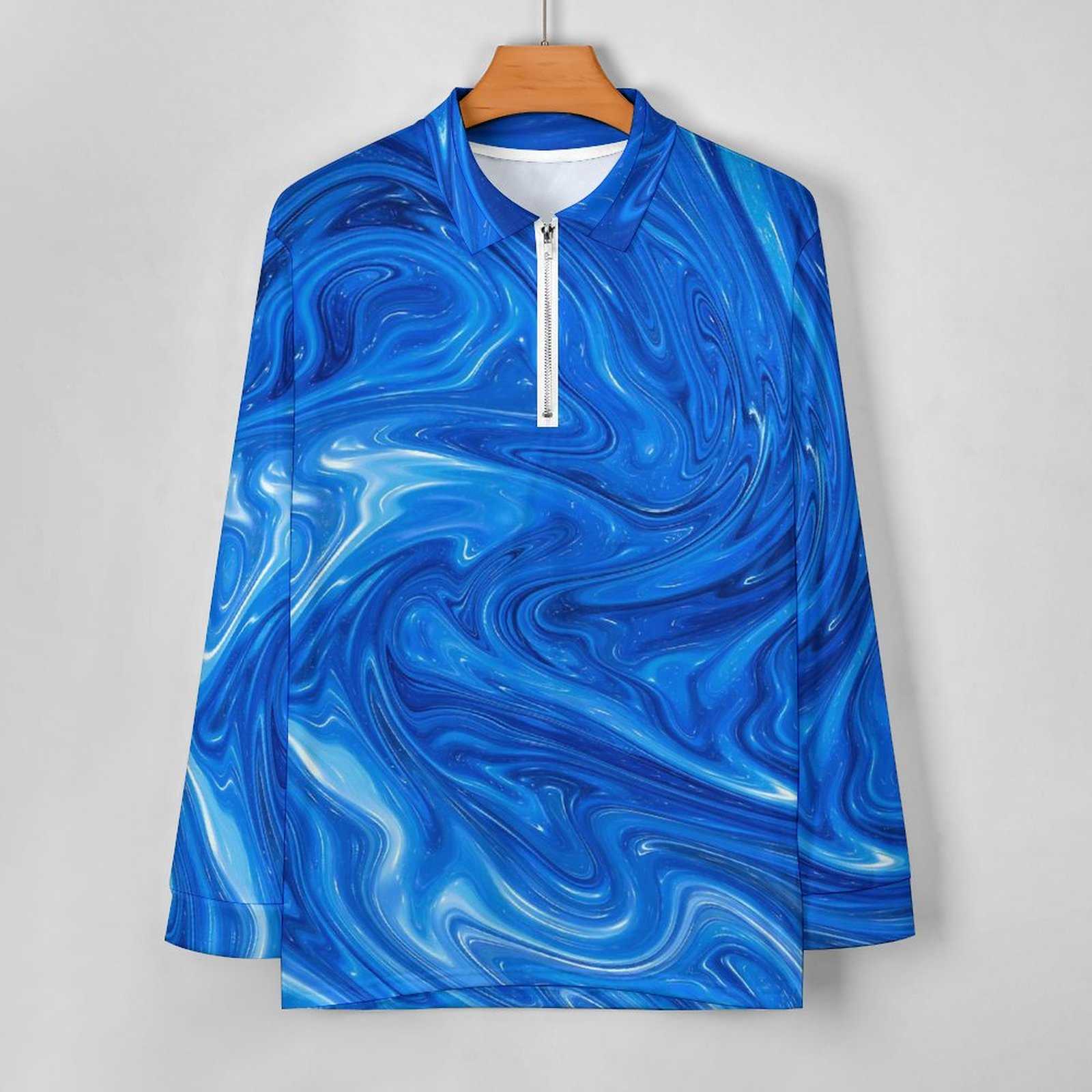 Blue Marble Casual Polo Shirt Abstract Artwork T-Shirts Long Sleeve Custom Shirt Autumn Stylish Oversize Tops Gift HKD230825