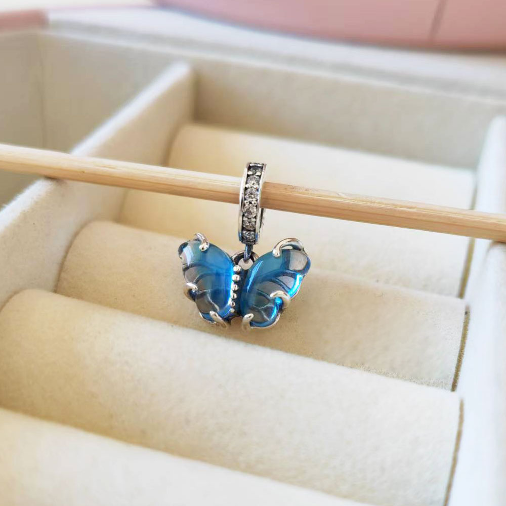 925 Sterling Silver Blue Murano Glass Butterfly Dangle Charm Bead pasuje do europejskiej pandora biżuteria