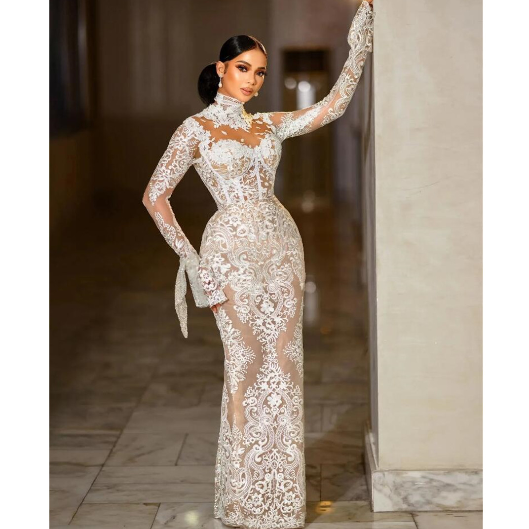 Modest alta pescoço sereia vestidos de casamento ilusão manga longa rendas apliques aso ebi árabe vestido de noiva vestidos de novia