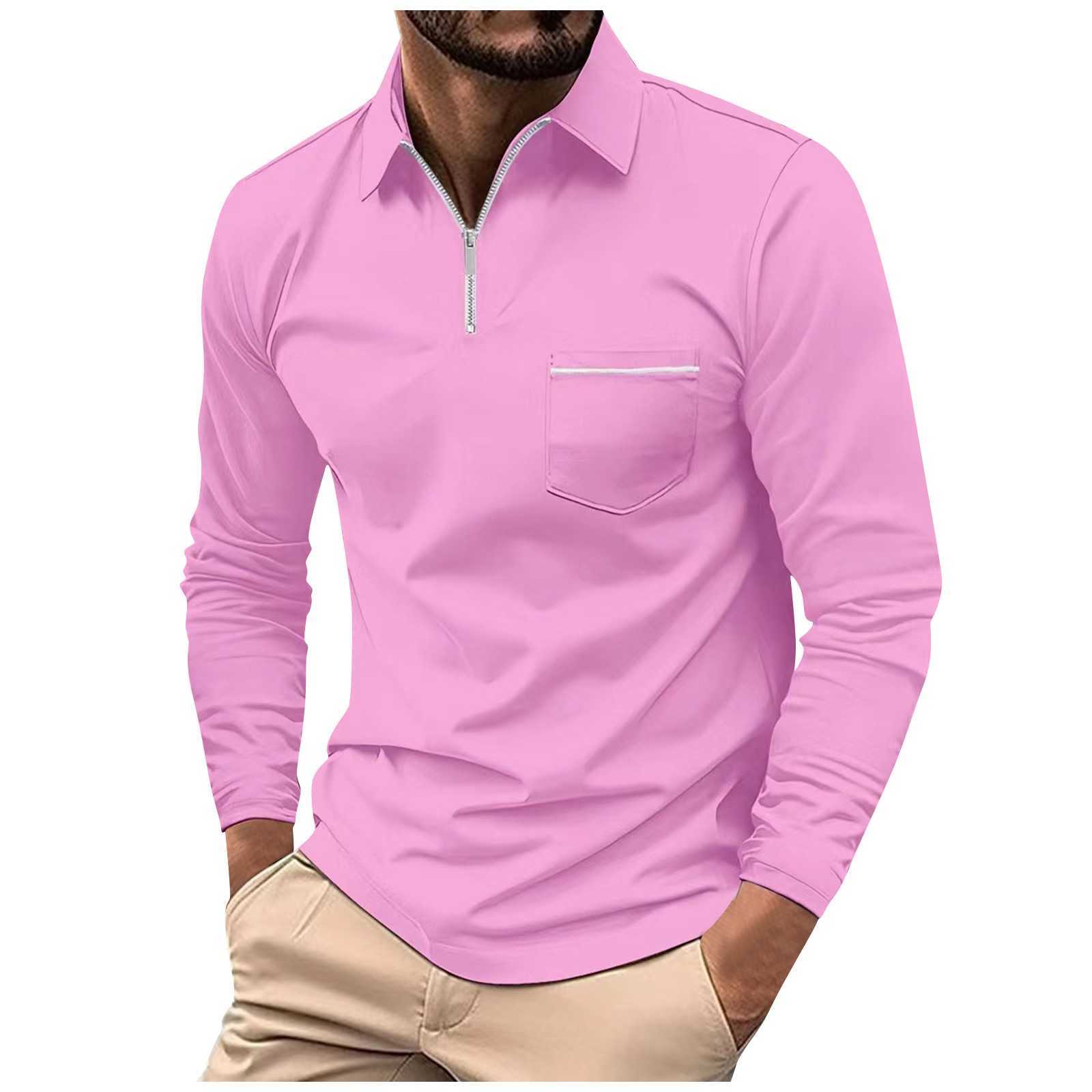 Automne hommes fermeture éclair manches longues revers Polo solide haut décontracté vêtements réunion d'affaires loisirs hommes Polo toute saison HKD230825