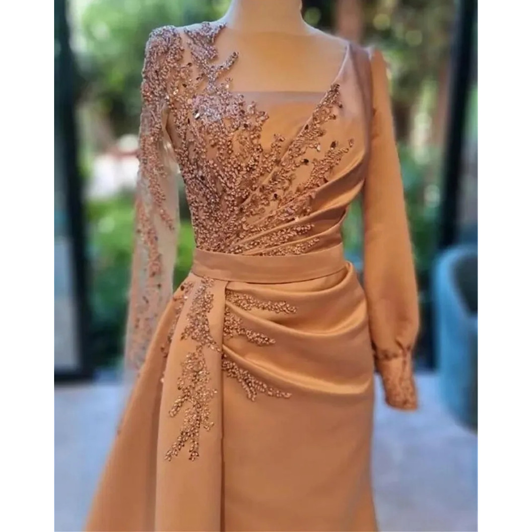 Dusty Champagne Long Sleeves Prom Dress Floral Satin Evening Party Dress with Side Sweep Train Zipper Back Robe De Soiree