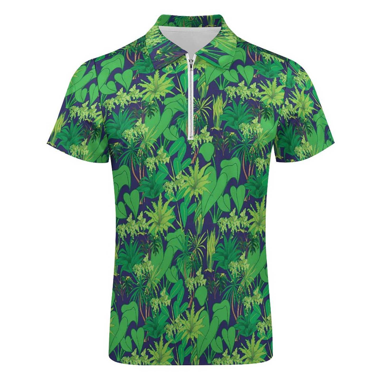 Polo de plantas tropicales, camisa informal con estampado de hojas verdes, camisetas gráficas de manga corta con cremallera de moda de verano para hombre HKD230825