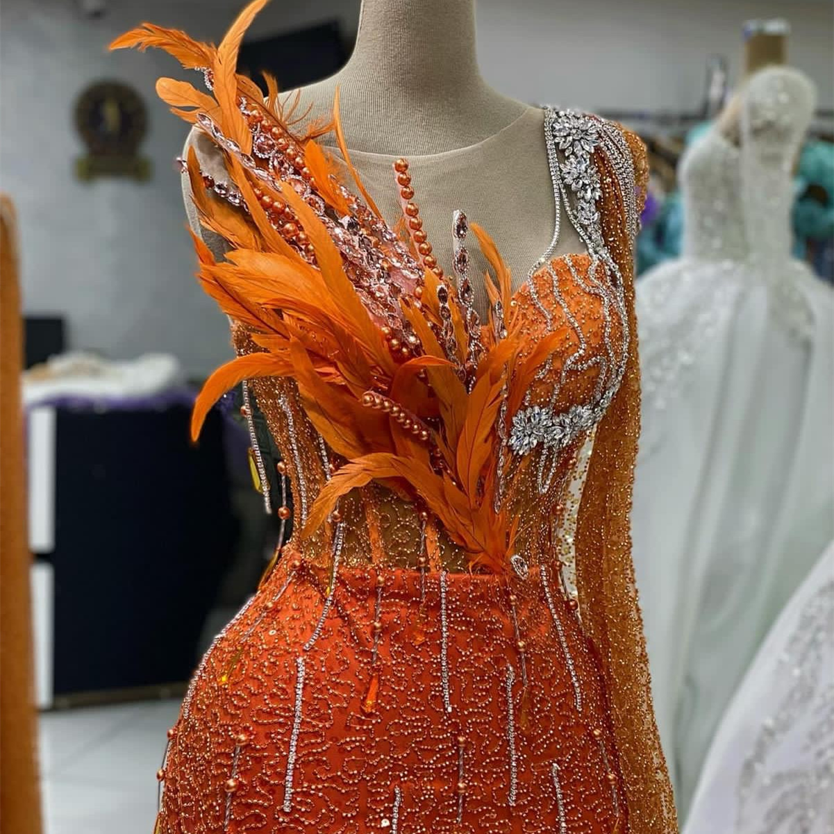 2023 August Aso Ebi Orange Mermaid Prom Dress Pearls Crystals Feather Evening Formal Party Second Reception Birthday Engagement Gowns Dresses Robe De Soiree ZJ717