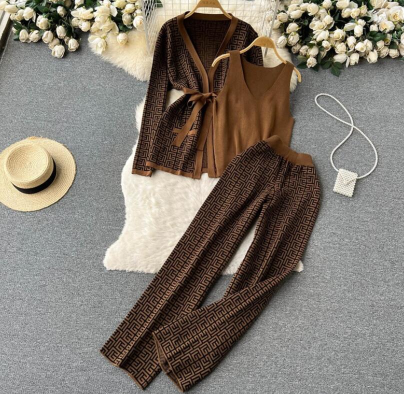 designer Women Tracksuits Chic Set Costume Knitted Solid Lounge Suit Cardigan Sweater + Jogger Pants+ Sleeveless Tank Top