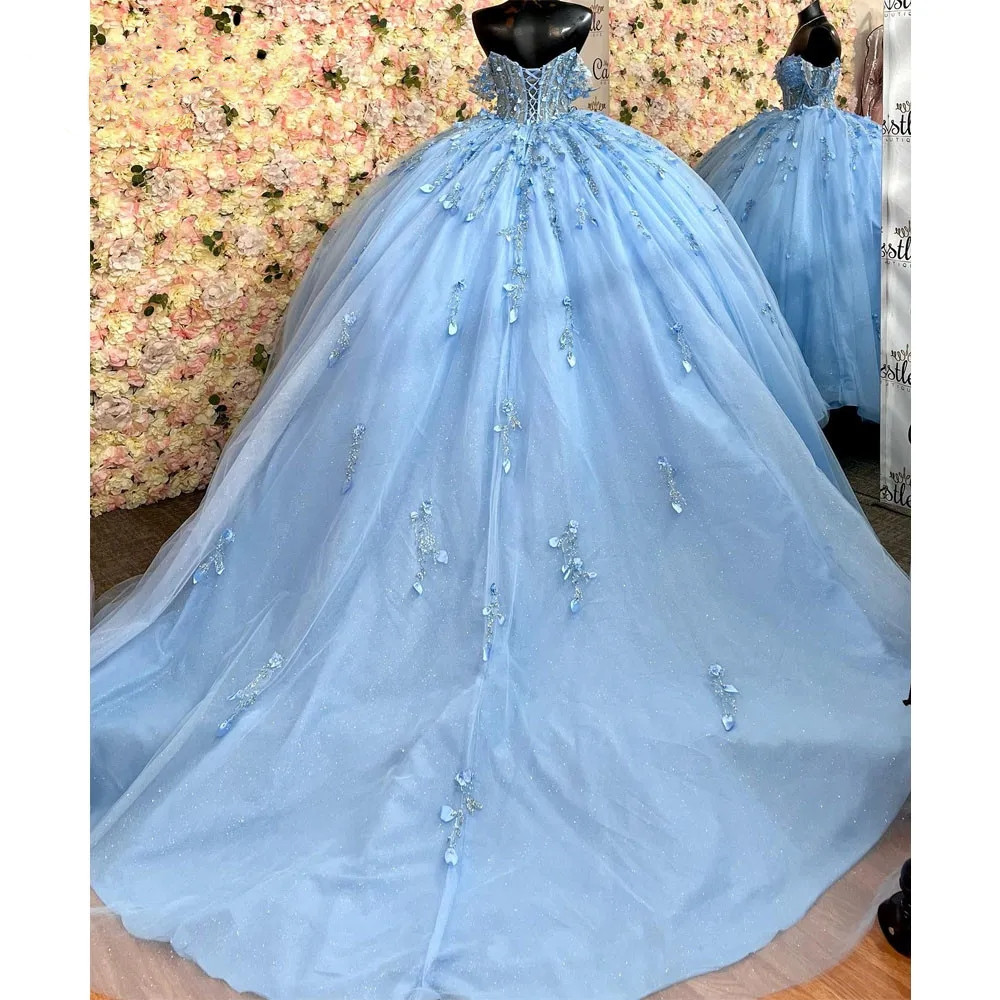 Sky Blue Sparkly Quinceanera 2023 Off Shoulder Sequins Ball Gown Tulle Party Sweet 15 16 Dress Quinceanera Anos