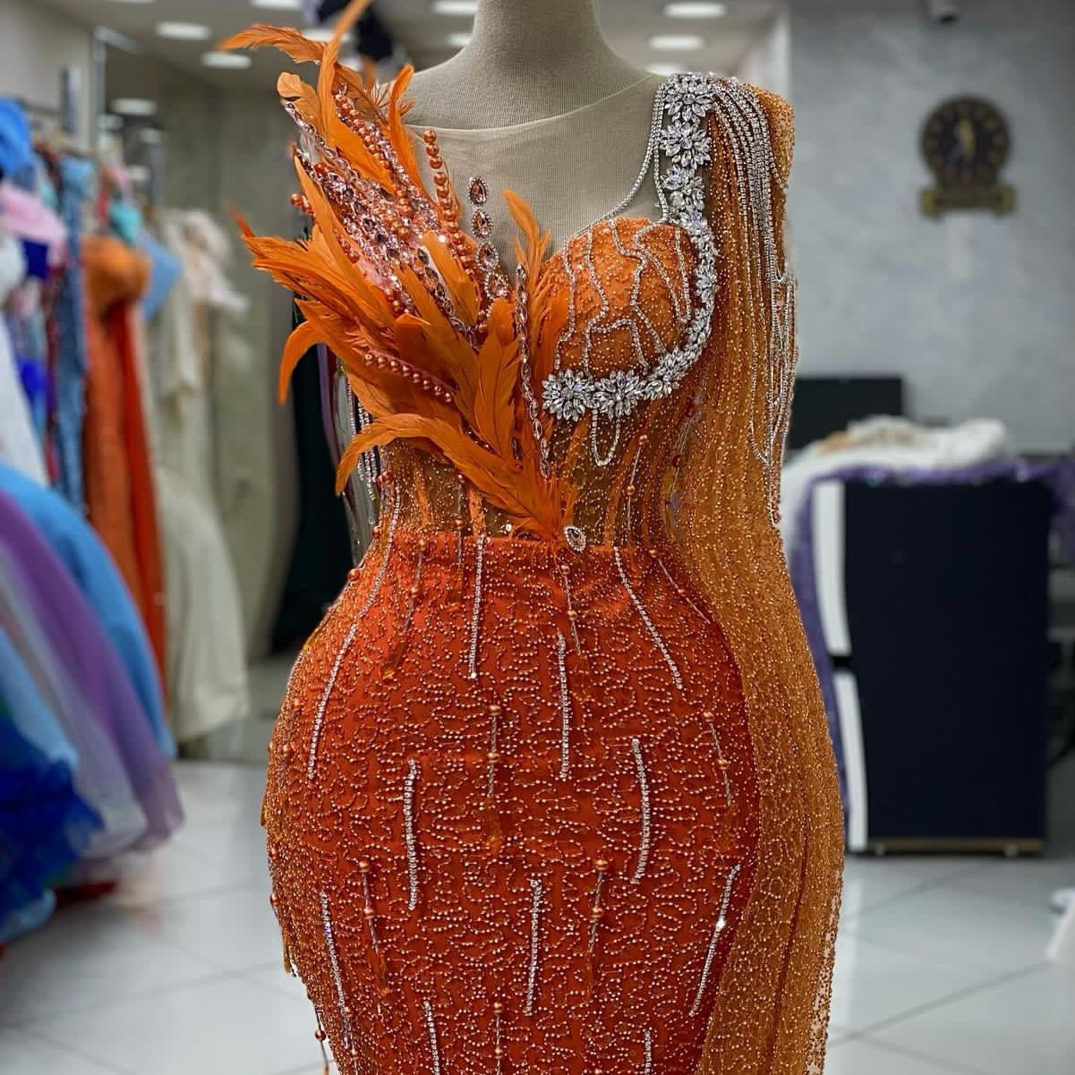 2023 August Aso Ebi Orange Mermaid Prom Dress Pearls Crystals Feather Evening Formal Party Second Reception Birthday Engagement Gowns Dresses Robe De Soiree ZJ717