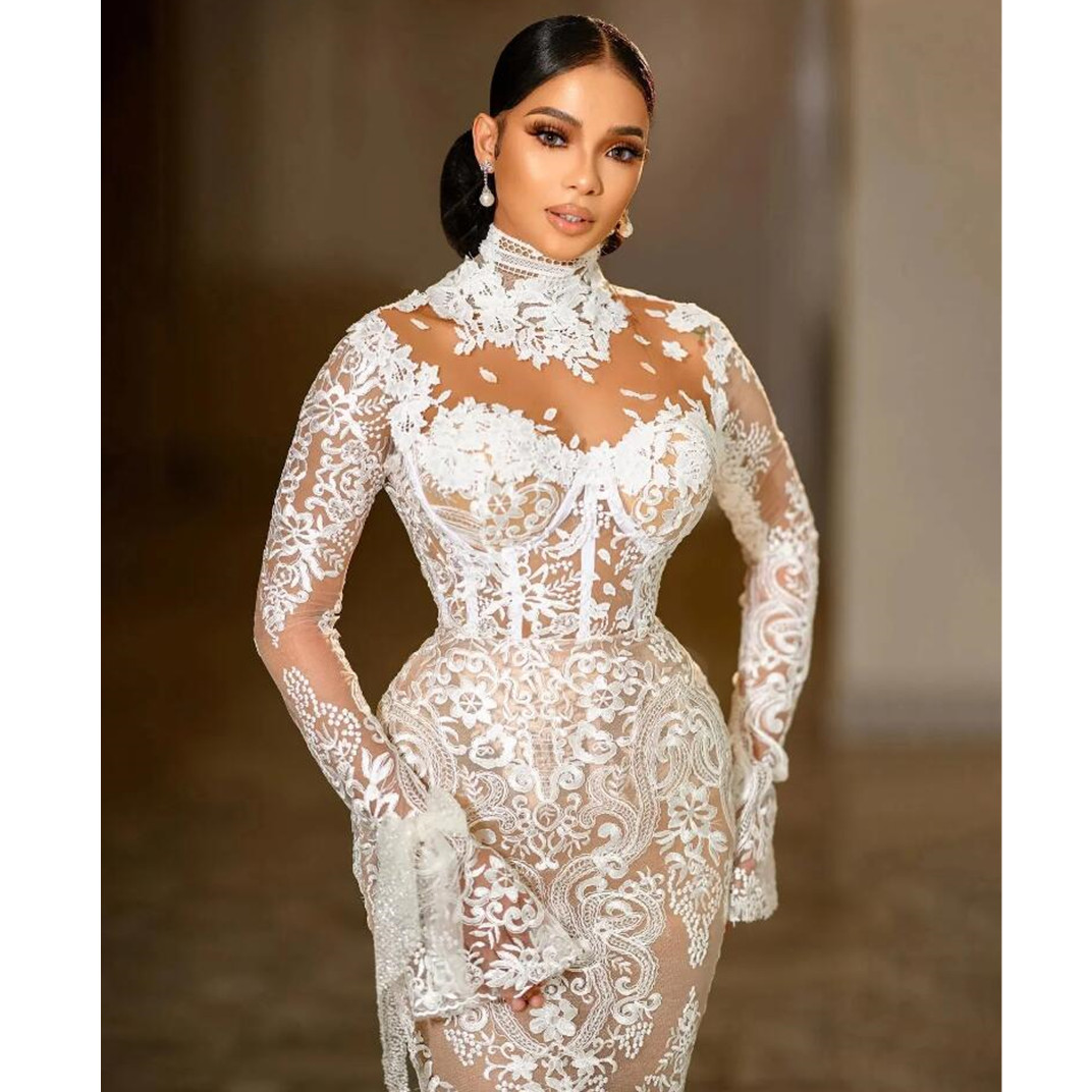 Modest alta pescoço sereia vestidos de casamento ilusão manga longa rendas apliques aso ebi árabe vestido de noiva vestidos de novia