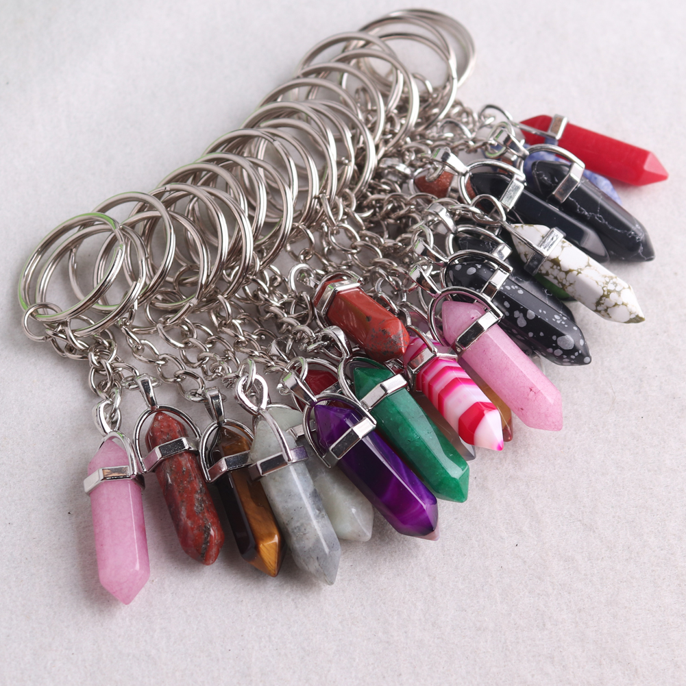 Stone Bullet Hexagonal Keychain Pendant Healing Energy Key Rings Jewelry Pendulum Bulk Wholesale Items For Business