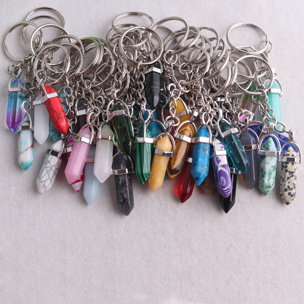 Stone Bullet Hexagonal Keychain Pendant Healing Energy Key Rings Jewelry Pendulum Bulk Wholesale Items For Business