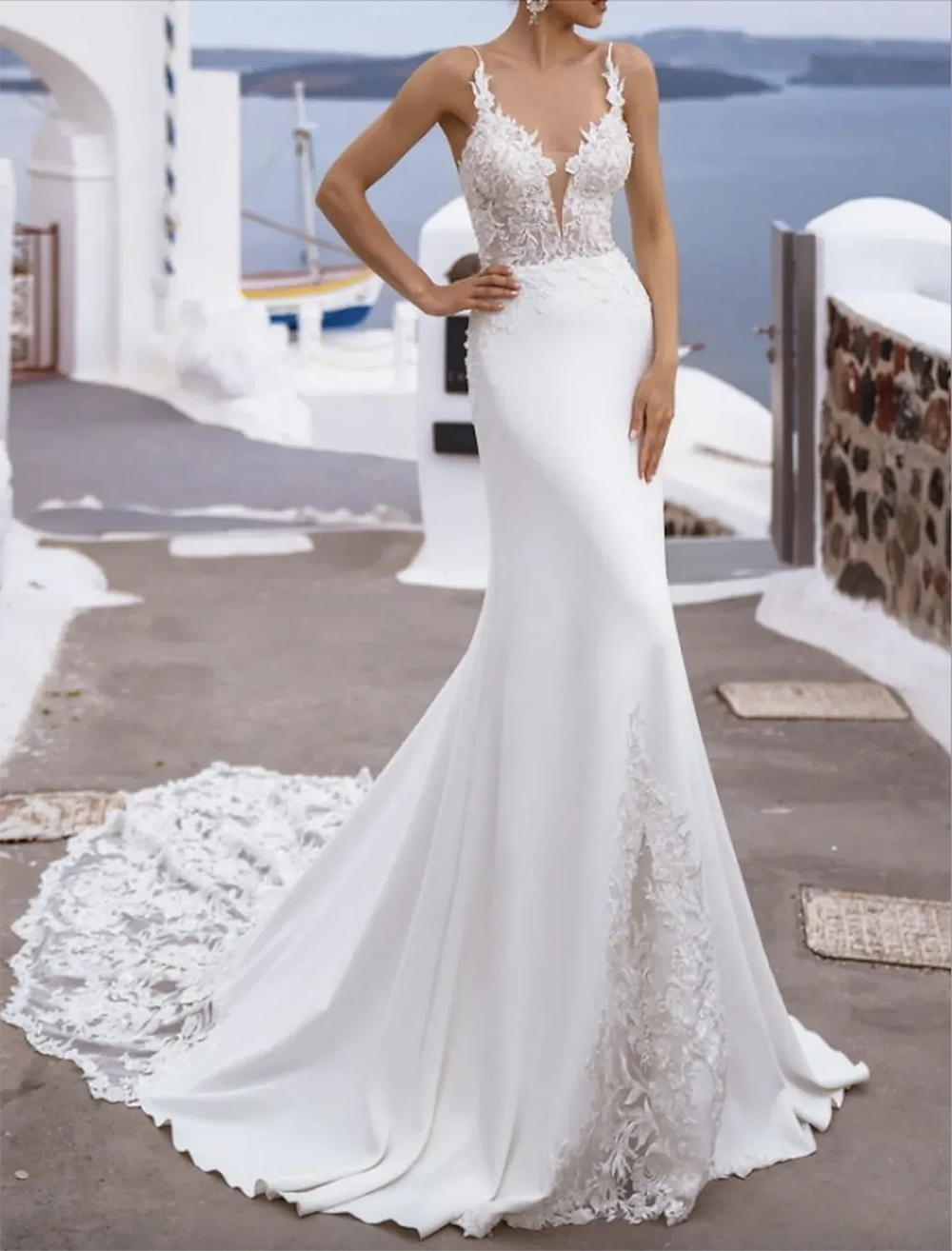 Sexy Long Wedding Dress 2023 Mermaid Sleeveless V Neck Straps Lace Backless Bride Gowns Plus Size Robe De Mariee