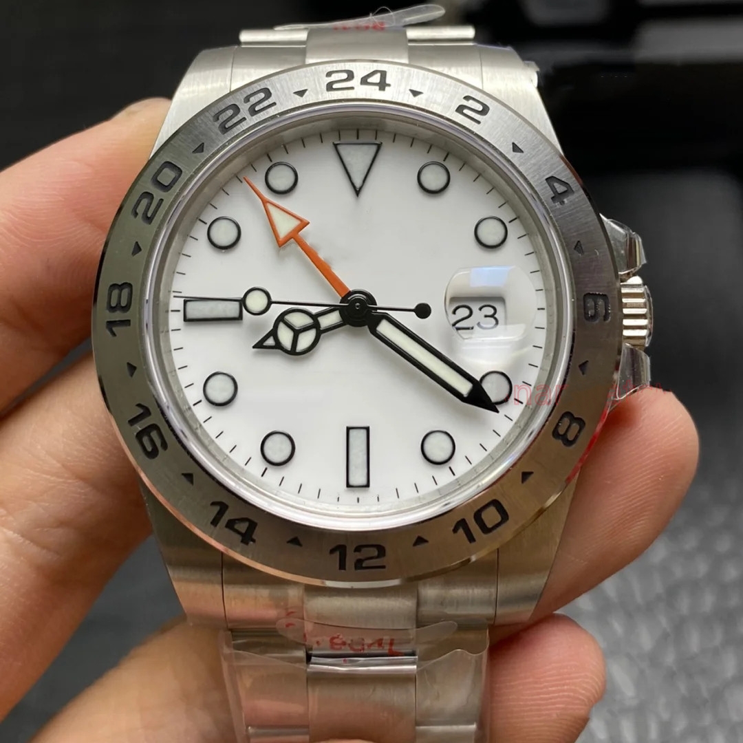 Mens watch high quality GMT 42mm 216570 White Black Dial Orange Needle Stainless Steel Explorer Mechanical Automatic Men Watches