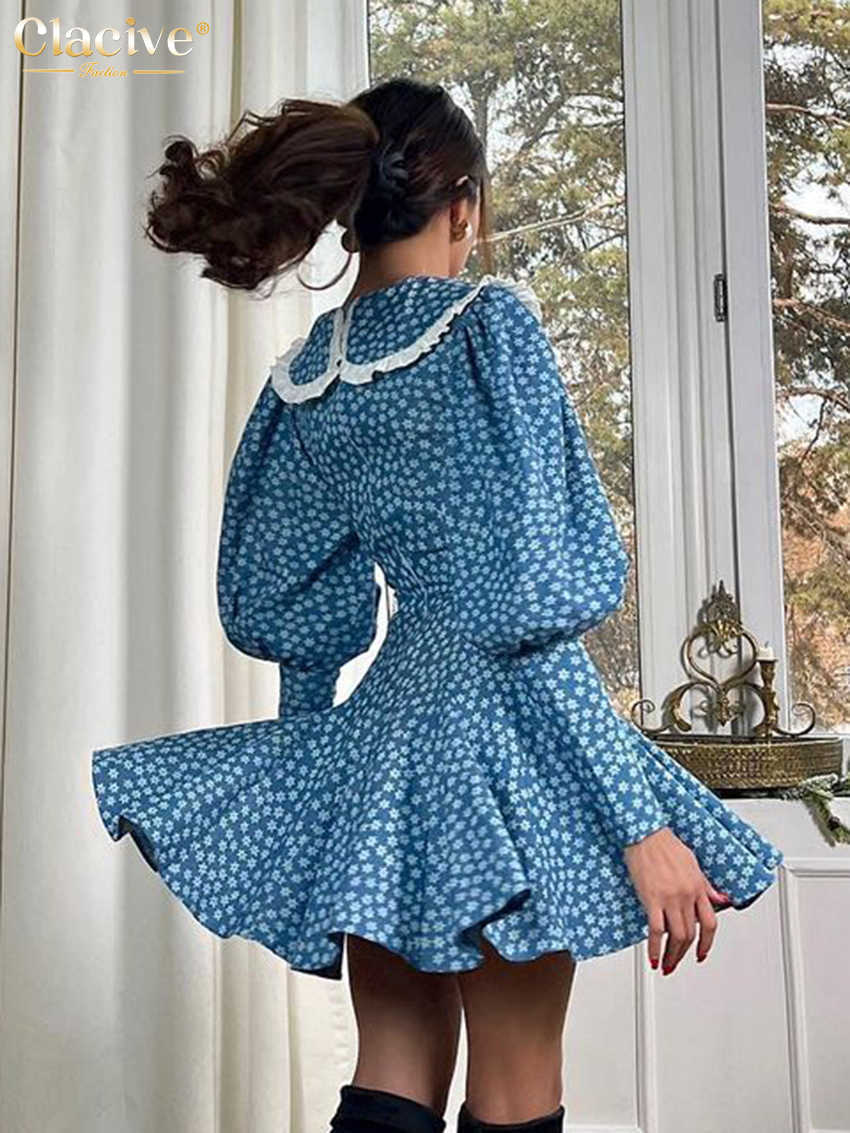 Grundläggande avslappnade klänningar Claceive Fashion Ultrathin Printed Women's Dress BodyCon Doll Halsbindning Lantern Sleeve Office Mini Dress Elegant High midje Women's Dress T230825