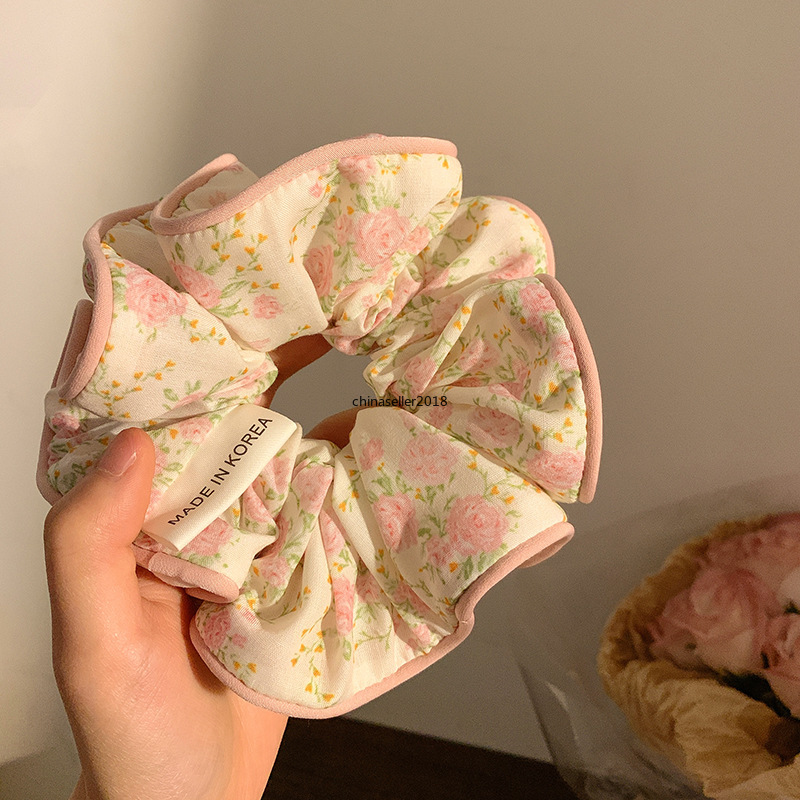 Romantiskt tryckt mönster Flower Scrunchies Korean överdimensionerad hästsvanshållare gummi elastiska hårband hårtillbehör huvudbonader