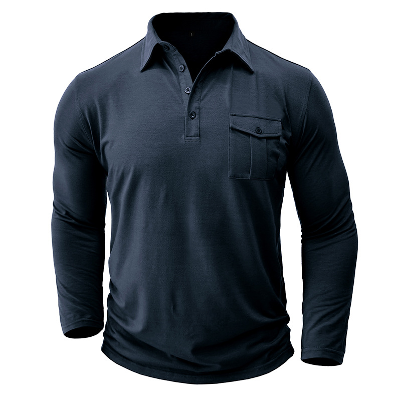 Herren Polos mit Tasche, Langarm, Revers, Freizeithemden, Knopf, Outdoor, Golfpullover, T-Shirts mit Kragen