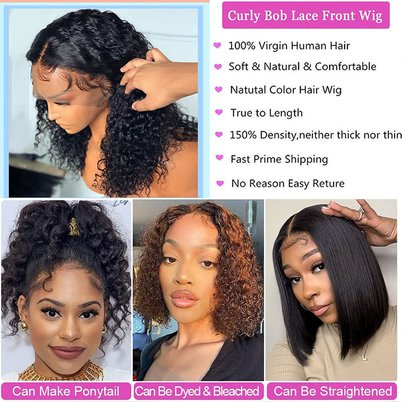 13x4 Short Bob Curly Lace Front Human Hair Wigs Deep Curly Lace Frontal Wigs for Black Women 180% Density Brazilian Human Hair