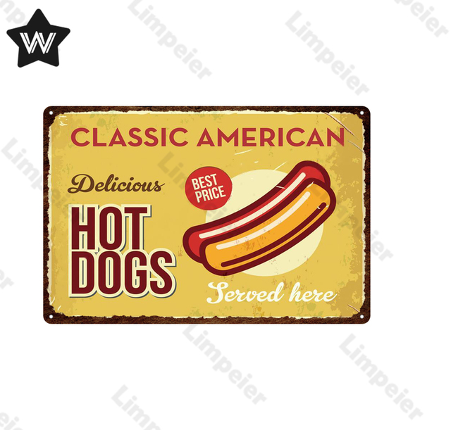 Shabby Chic Vintage Fast Food Targa in metallo Moda Amburgo Poster in metallo Man Cave Hot Dog Piatto Adesivo da parete Cucina Pubblicità Decor Targa Divertente dipinto 30X20CM w01