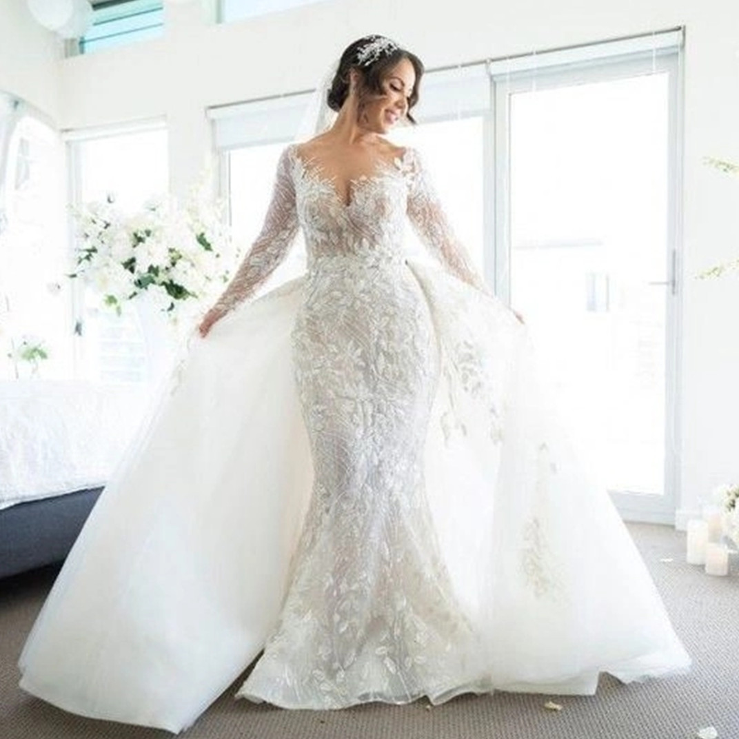 Arabic Sheer Neck Long Sleeves Mermaid Wedding Dress Appliques Lace Stunning Aso Ebi Bridal Gowns