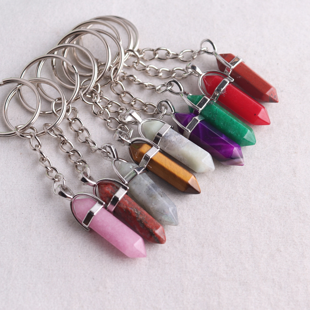 100stStone Bullet Hexagonal Keychain Pendant Healing Energy Nyckelringar smycken pendel bulk grossistföremål för företag