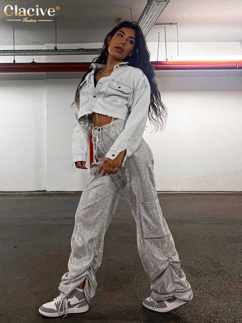 Women's Pants Capris Clacive Fashion Silver Shiny Women's Pants 2023 Elegant High Waist Full Length Freight Pants Street Loose Lace Pants T230825