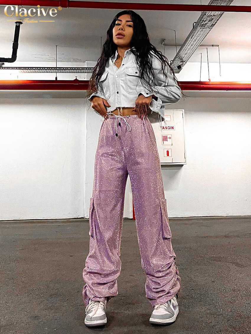 Women's Pants Capris Clacive Fashion Silver Shiny Women's Pants 2023 Elegant High Waist Full Length Freight Pants Street Loose Lace Pants T230825