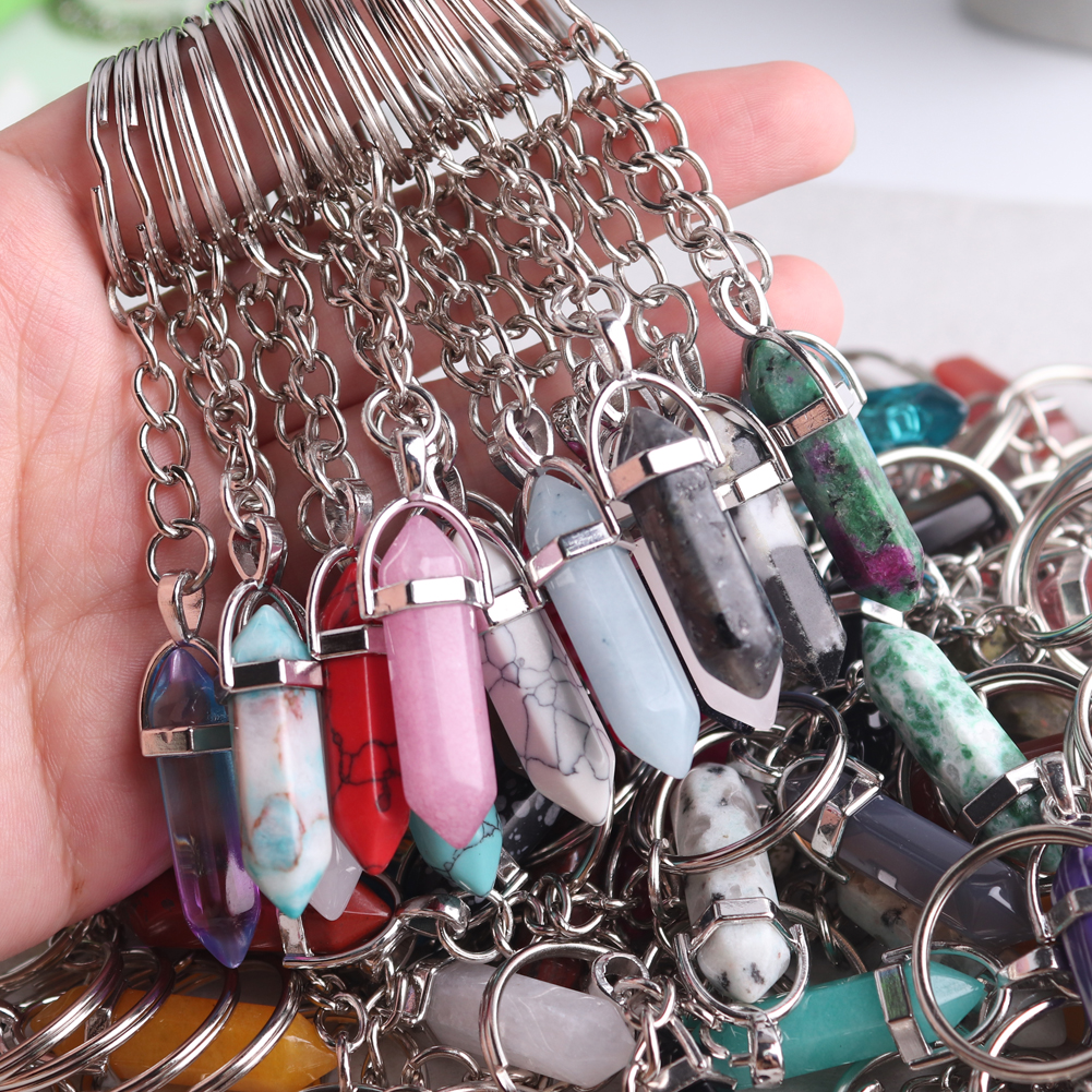 Stone Bullet Hexagonal Keychain Pendant Healing Energy Key Rings Jewelry Pendulum Bulk Wholesale Items For Business
