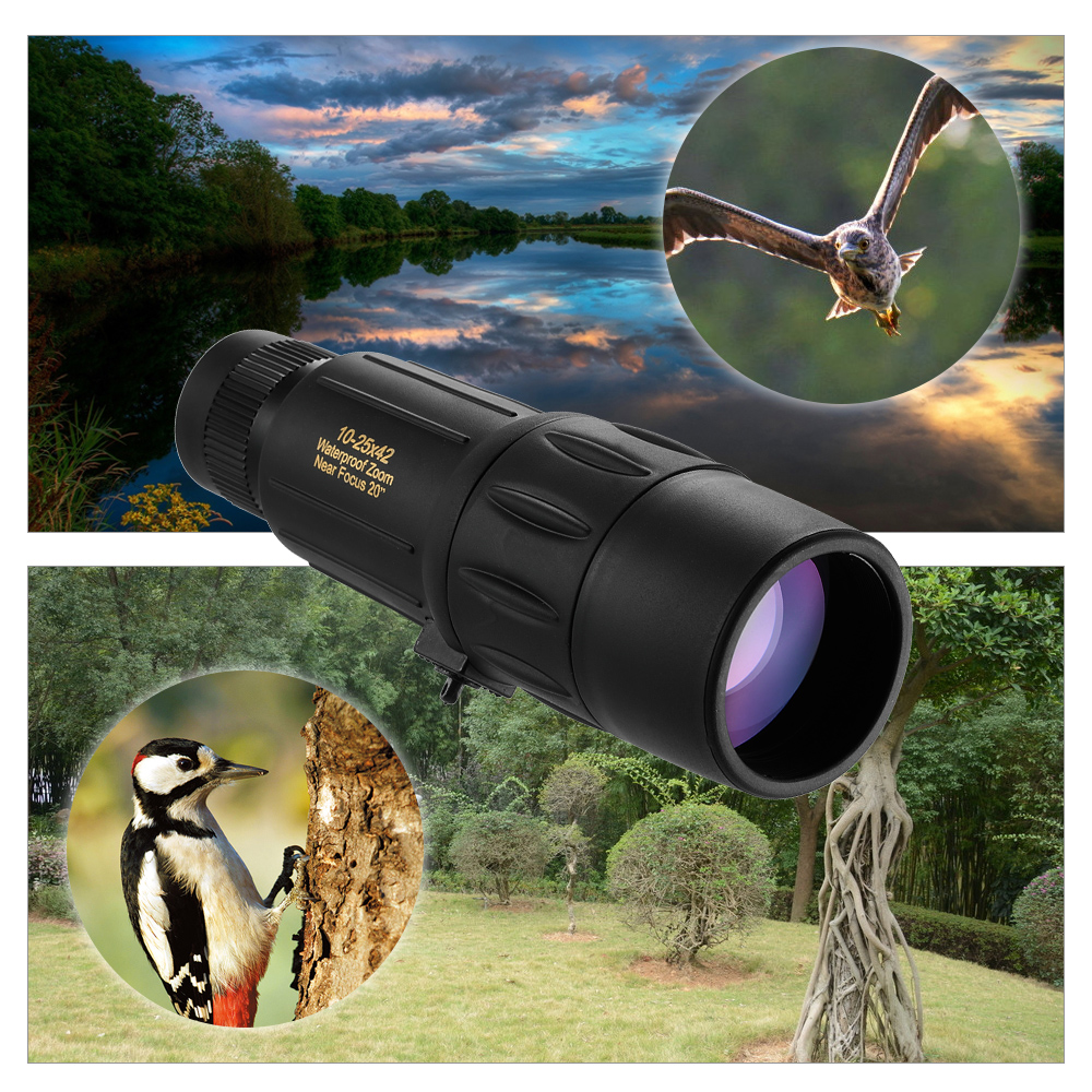 Visionsking vattentät 10-25x42 bärbar zoommonokulär teleskop för fågelskådning på sightseeing camping w/ bilfönsterfäste handtag