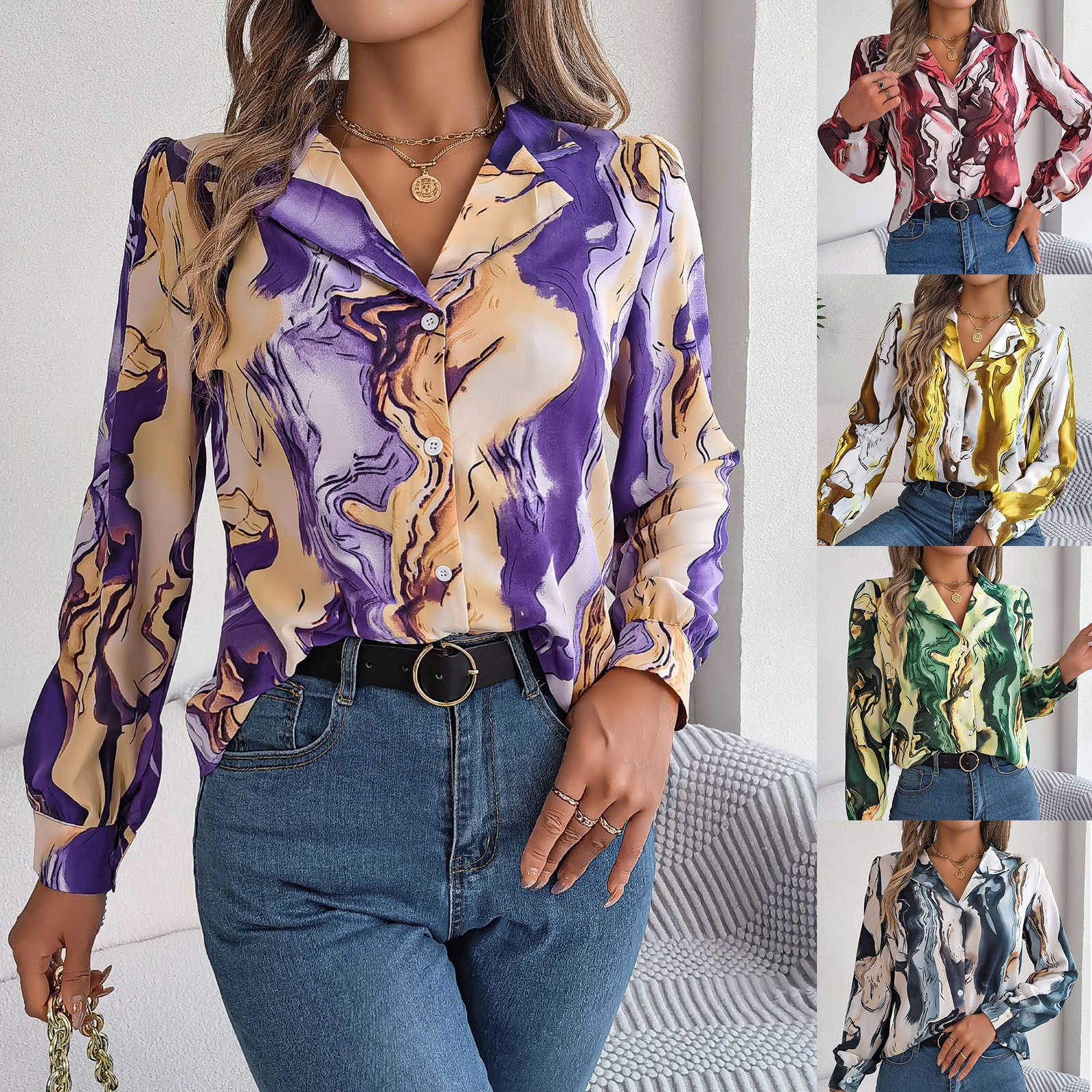 Kvinnors blusar Skjortor Kvinnor Autumn Winter Bluses and Shirts Patchwork utskrift Enkel brösten långärmad topps tops damer Turn-Down Collar Casual Shirt T230825