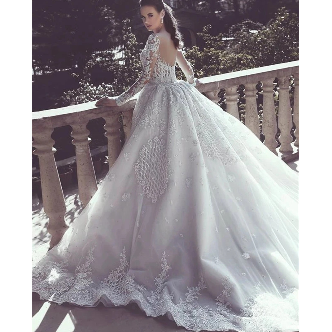 Arabic Plus Size Sheer Neck Long Sleeves Mermaid Wedding Dress Appliques Lace Detachable Stunning Aso Ebi Bridal Gowns