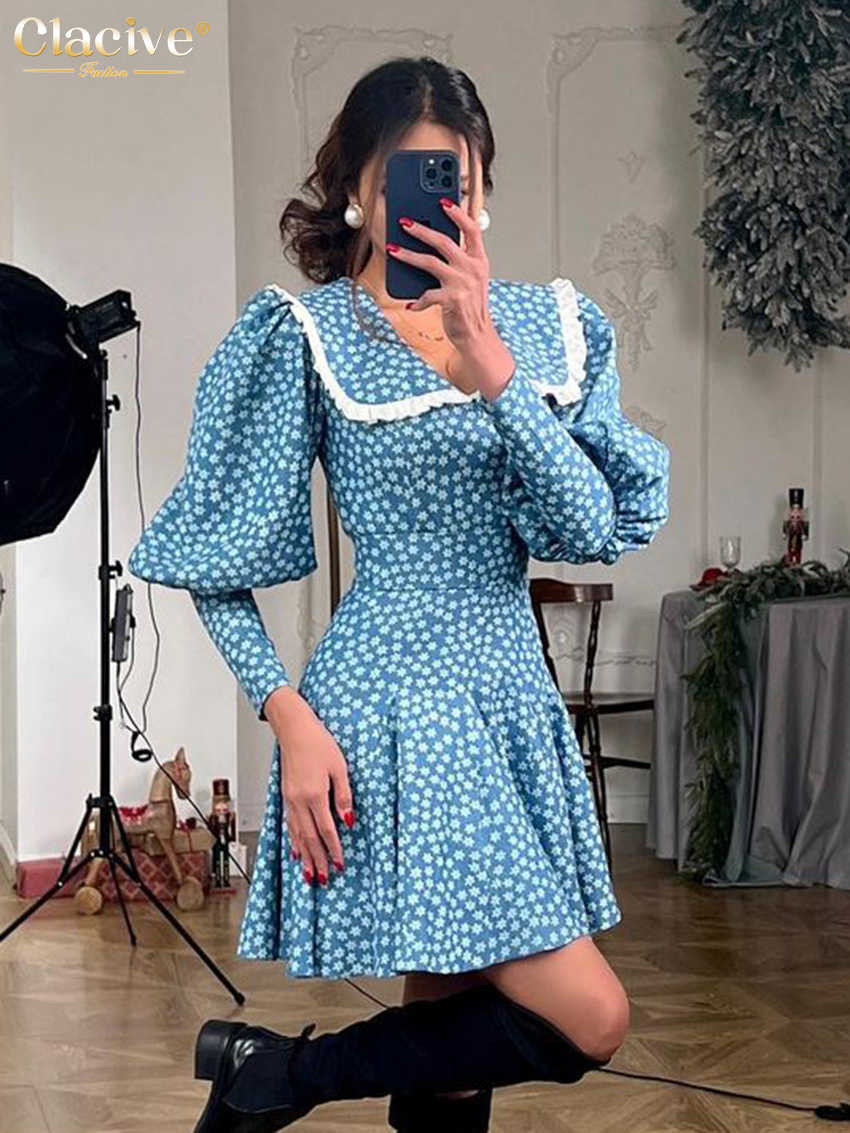 Grundläggande avslappnade klänningar Claceive Fashion Ultrathin Printed Women's Dress BodyCon Doll Halsbindning Lantern Sleeve Office Mini Dress Elegant High midje Women's Dress T230825