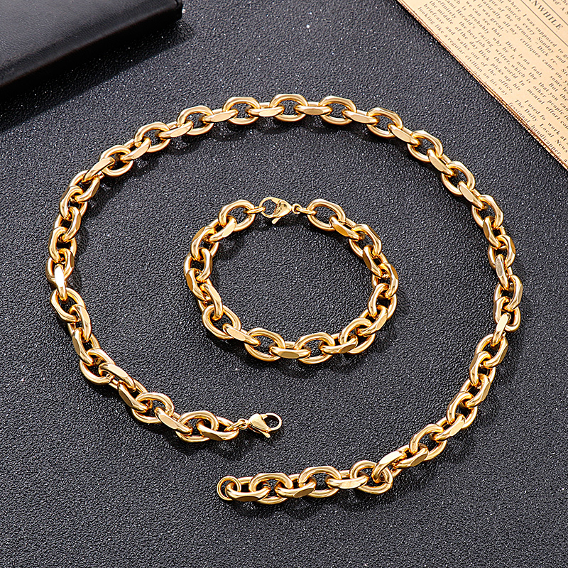 Set di gioielli da donna da uomo da 10 mm da 26 pollici + 8 pollici in acciaio inossidabile con catena a maglie ovali di moda forte collana placcata in oro + set di braccialetti