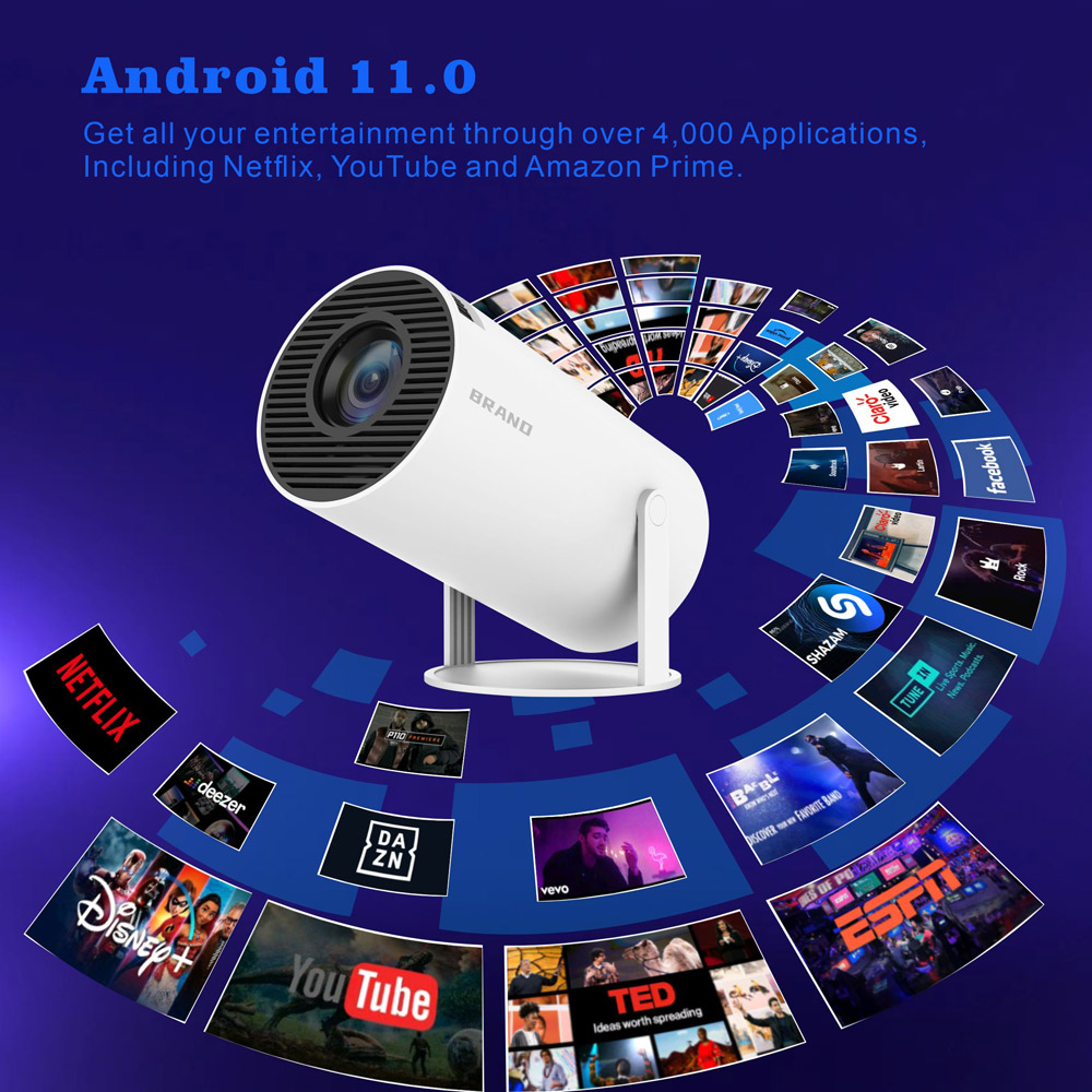 HY300 Projecteur 4K HD Android 11 Dual WiFi 6.0 120 ANSI BT5.0 1080p 1280 * 720p Home Cinema Outdoor Portable Projetors