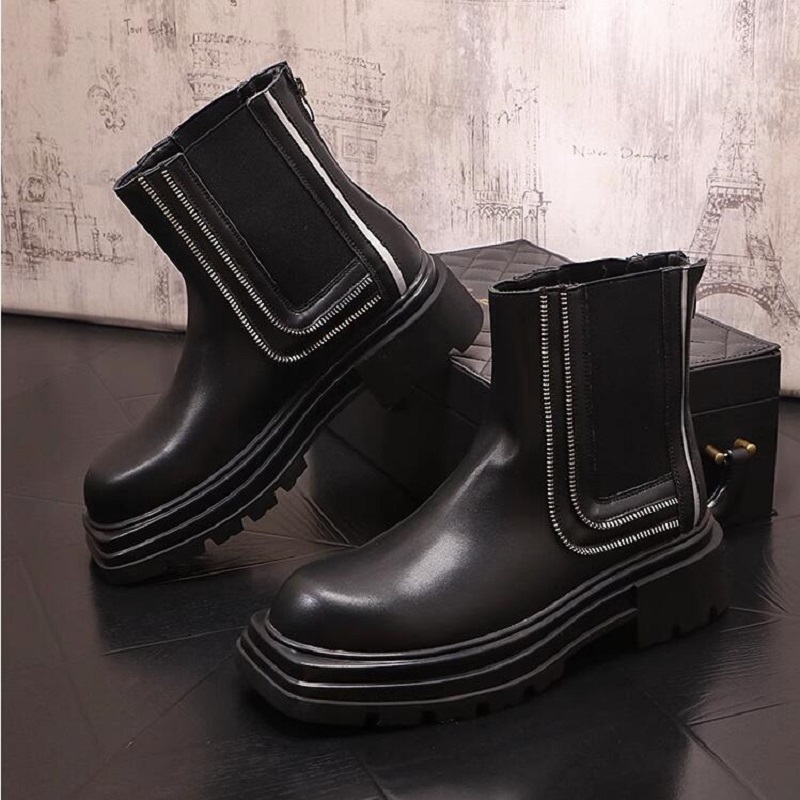 Autumn Winter Boots High Top British Style Zipper Trim Boots Platform Trend Men's Fashion Chelsea Boots 1AA42