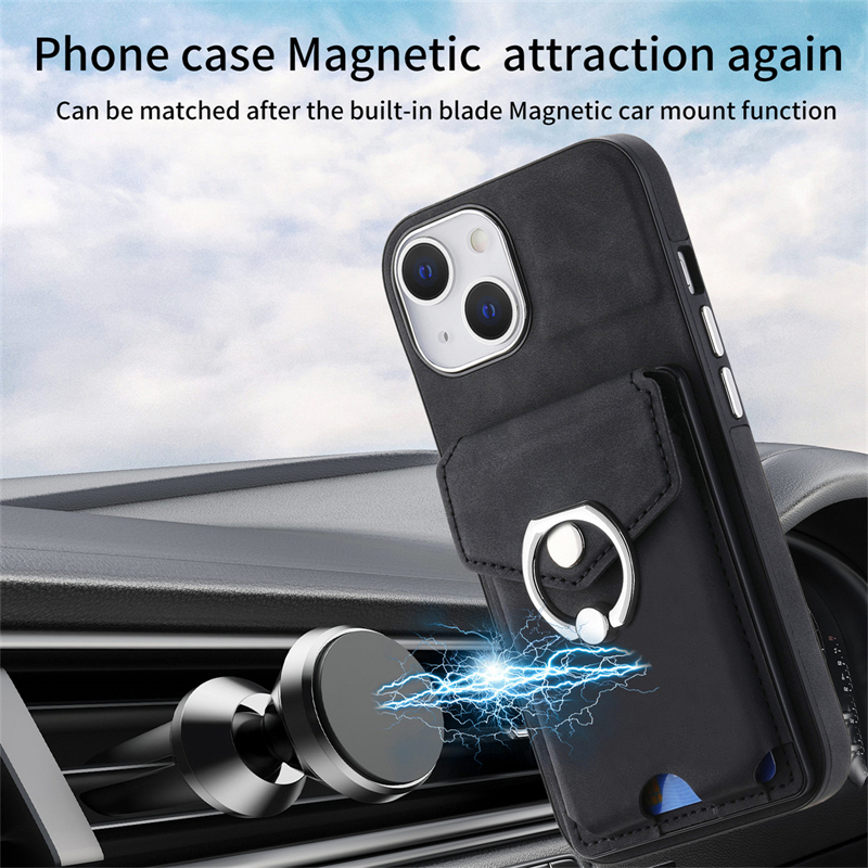 Étui de téléphone avec support d'anneau en métal, bouton de placage, coque de carte portefeuille magnétique pour iPhone 15 Pro Max 15 Plus