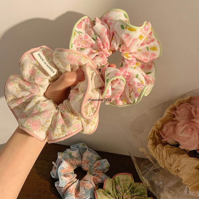 Romantiskt tryckt mönster Flower Scrunchies Korean överdimensionerad hästsvanshållare gummi elastiska hårband hårtillbehör huvudbonader