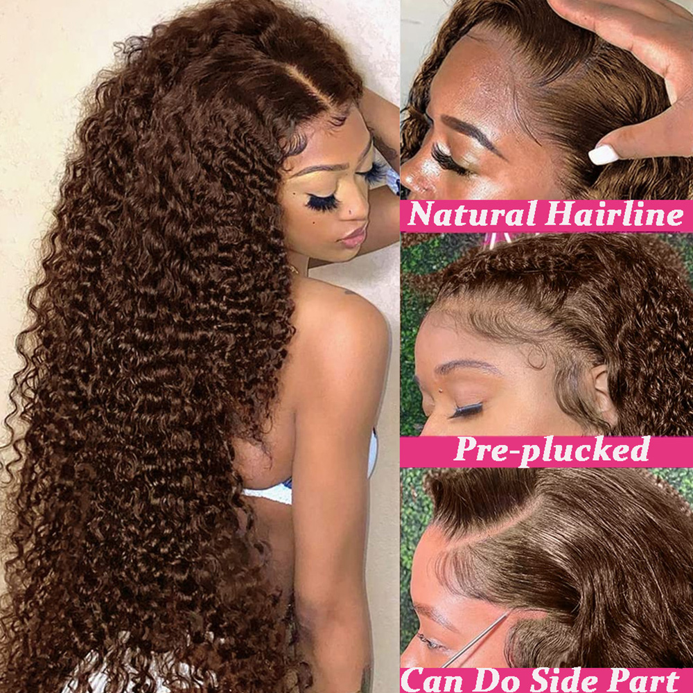 Chocolate Brown Water Wave Lace Front Wigs Human Hair 360 13x4 Deep Wave Frontal Wigs 4# Colored Curly Lace Front Wigs for Women