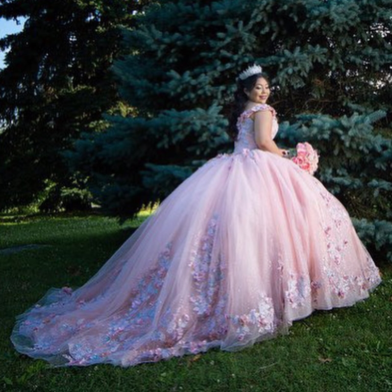 분홍색 반짝이는 퀸초 나라 드레스 고급 진주 구슬 아플리케 3D 꽃 멍청이 de 15 anos 공주 생일 파티 드레스