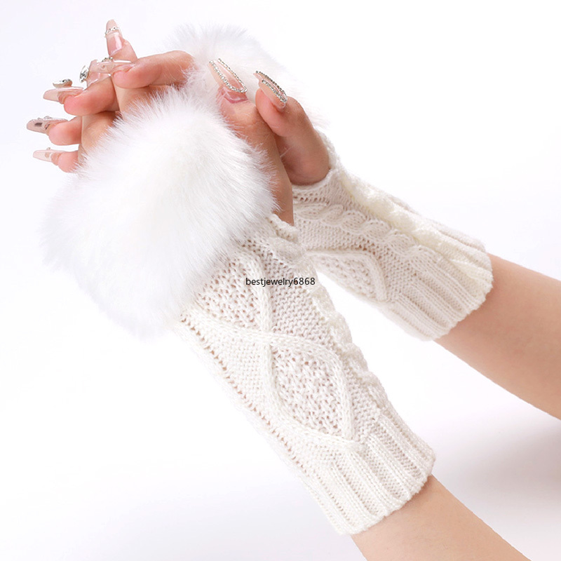 Women Knitted Warm Sleeves Gloves Autumn Winter Lady Faux Rabbit Fur Fingerless Half Finger Gloves Elastic Mitten Christmas Gift