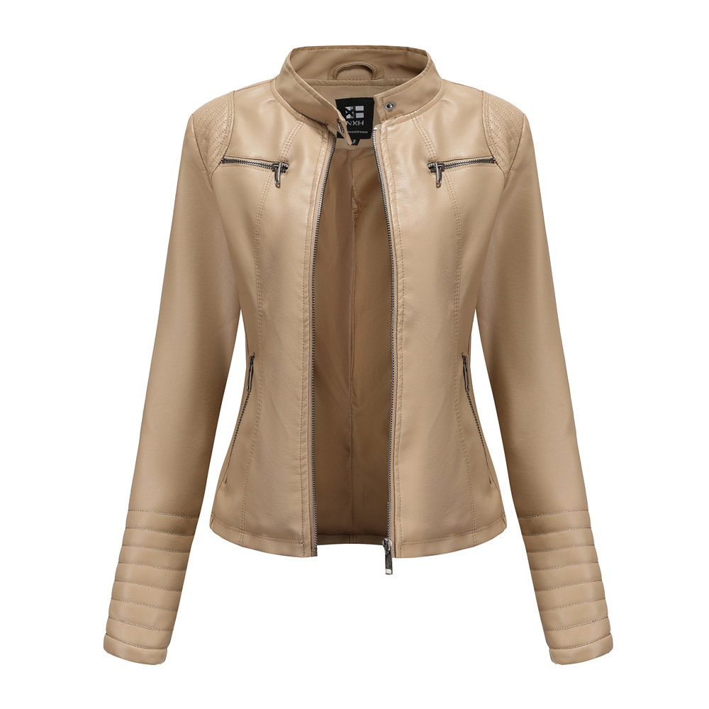 2023 Autumn Winter Women's Pu Leather Jackets Stand Collar Zip Spliced ​​Woman's Faux Fur Short Slim Coats NXHP003