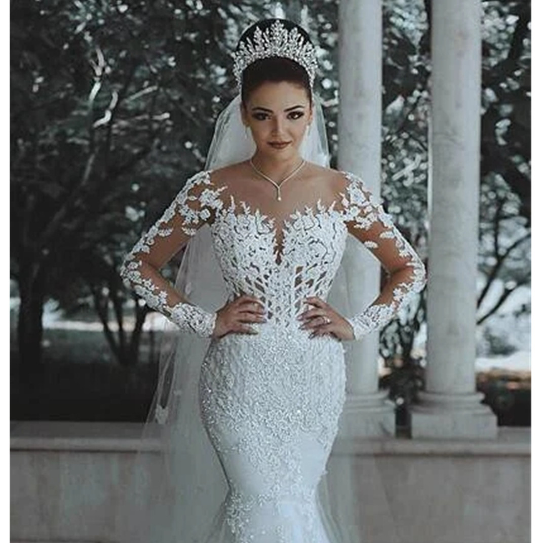 Arabic Plus Size Sheer Neck Long Sleeves Mermaid Wedding Dress Appliques Lace Detachable Stunning Aso Ebi Bridal Gowns