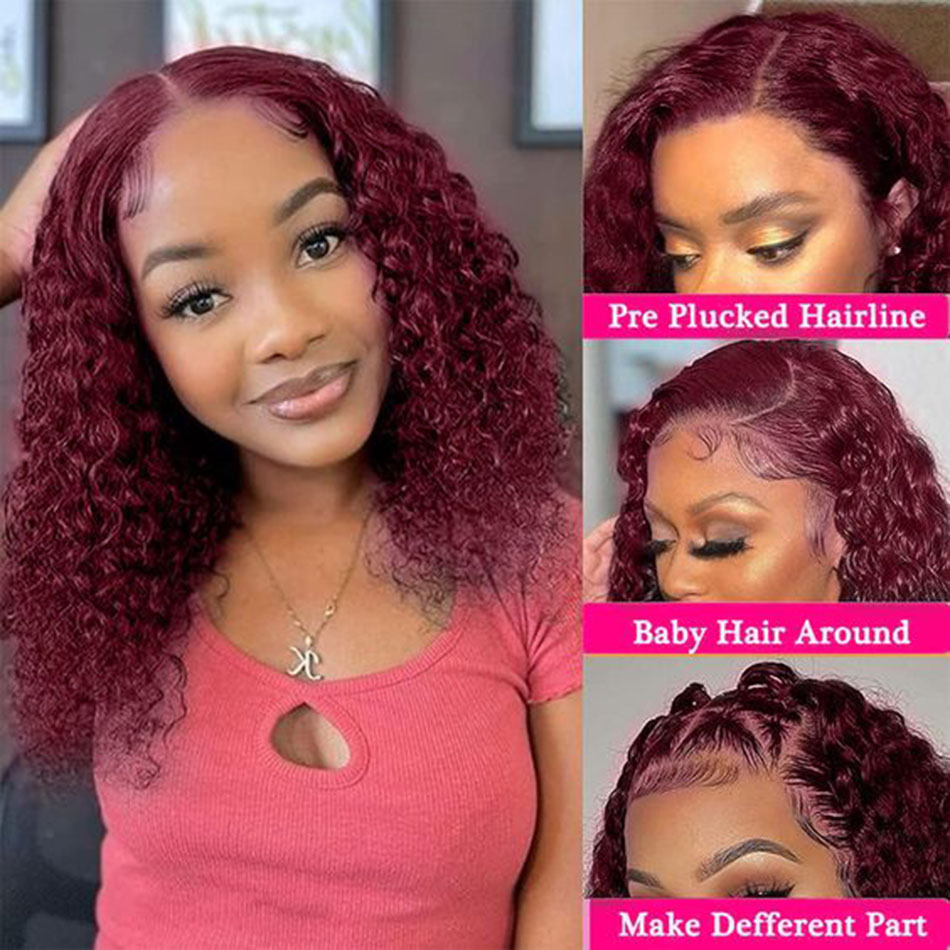 99J Czerwony Kinky Curly Peruka Human Hair 13x4 Burgundowe Czarne Krótki Bob Lase Koronki Przód ludzkie włosy dla kobiet Krótkie głębokie kręcone