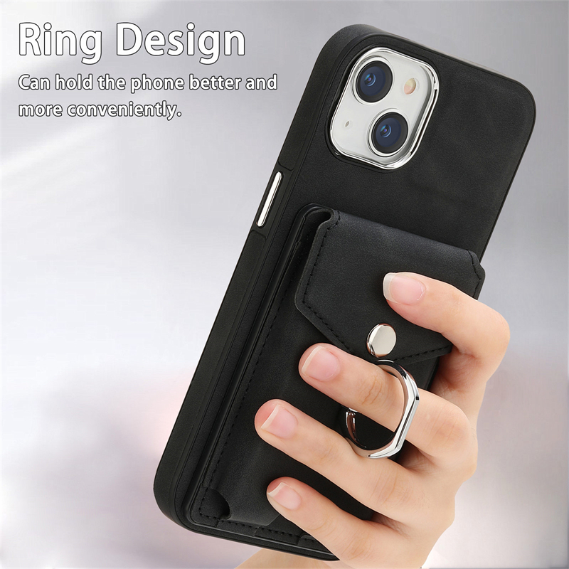 Étui de téléphone avec support d'anneau en métal, bouton de placage, coque de carte portefeuille magnétique pour iPhone 15 Pro Max 15 Plus