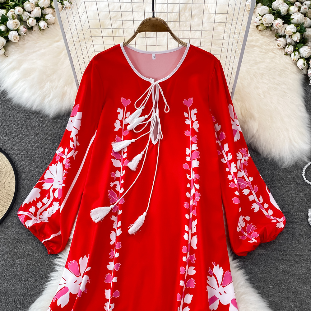 Vestidos casuais básicos elegante estilo doce feminino agradável vestido foreve bordado impressão contraste cor borlas vestidos bandagem primavera verão novo 2024