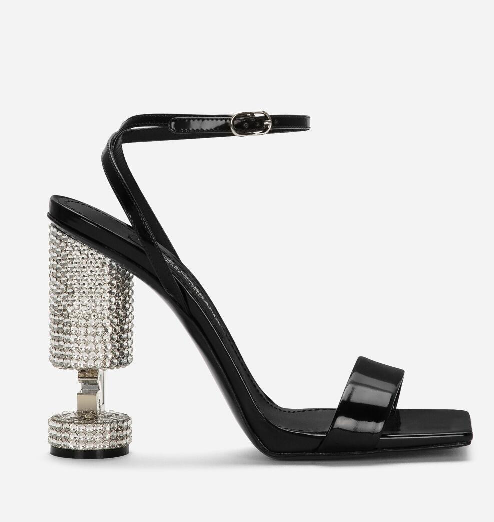 Design de mode sandales en cuir de veau poli chaussures avec talons strass Keira robe de mariée en cuir verni noir pompes élégantes EU35-43 avec boîte