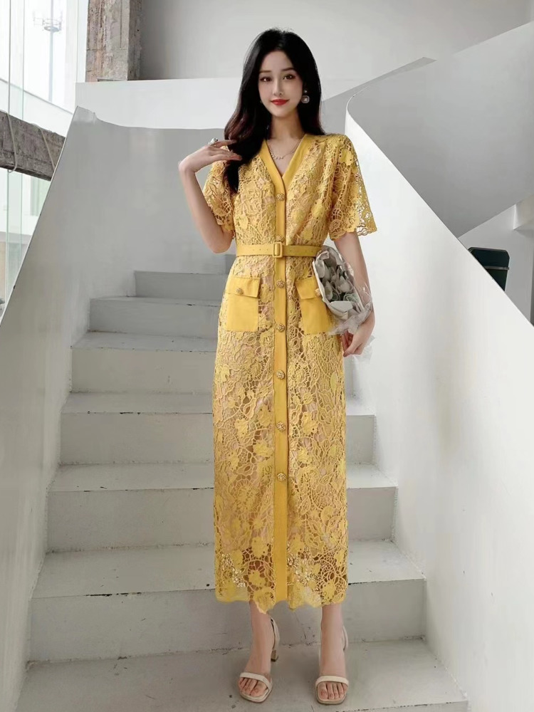 Basic Casual Dresses Sweet Style Long Dresse For Women Hook Flower Hollow Single-breasted V-neck High Waist Dresses Spring Summer 2024