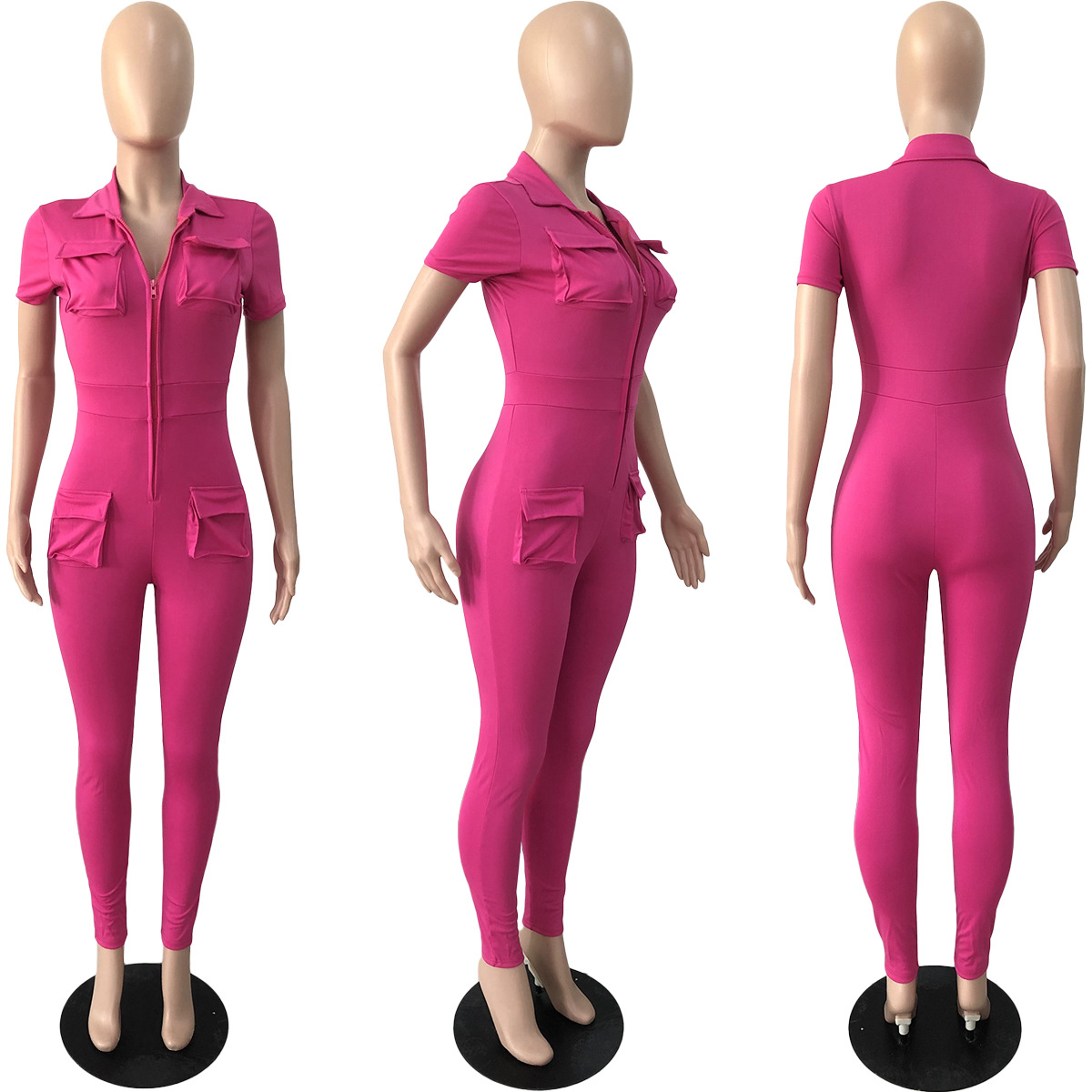 5XL Zip Tight Jumpsuits Rompers Women Sexy Slim Bodycon Long Playsuits Clubwear Free Ship